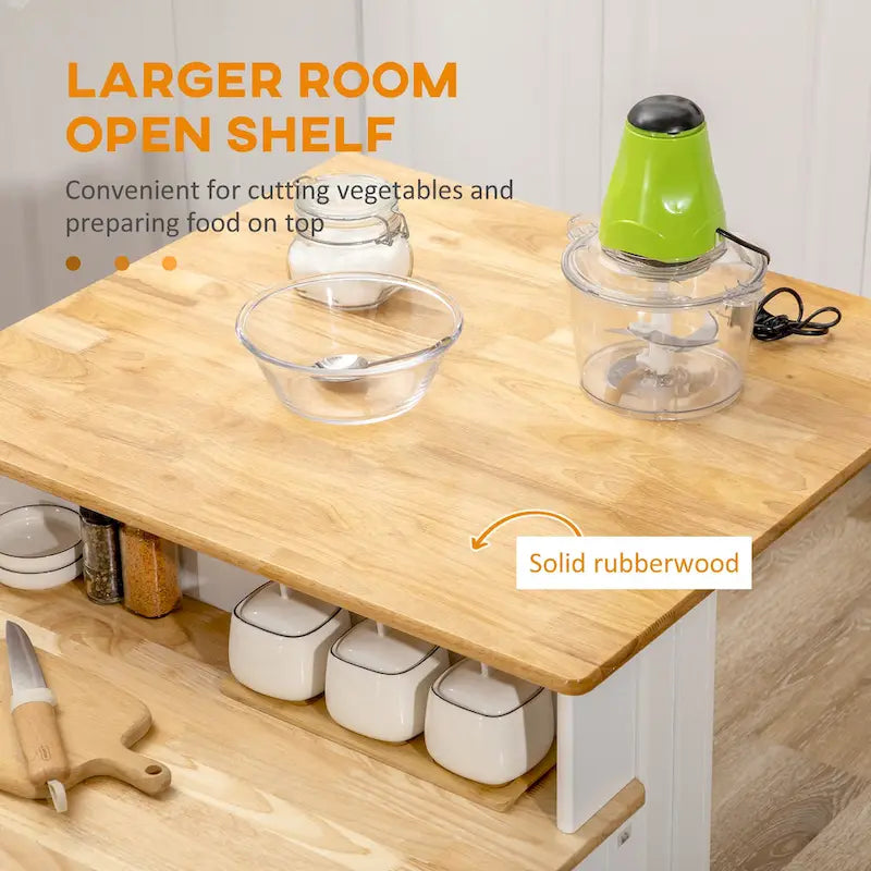 Îlot de cuisine avec armoire de rangement et plateau en bois d'hévéa à 2 niveaux, table îlot avec étagères réglables et tiroirs