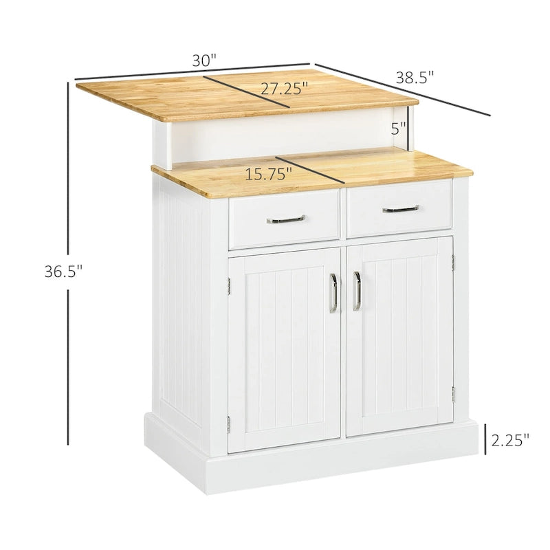 Îlot de cuisine avec armoire de rangement et plateau en bois d'hévéa à 2 niveaux, table îlot avec étagères réglables et tiroirs