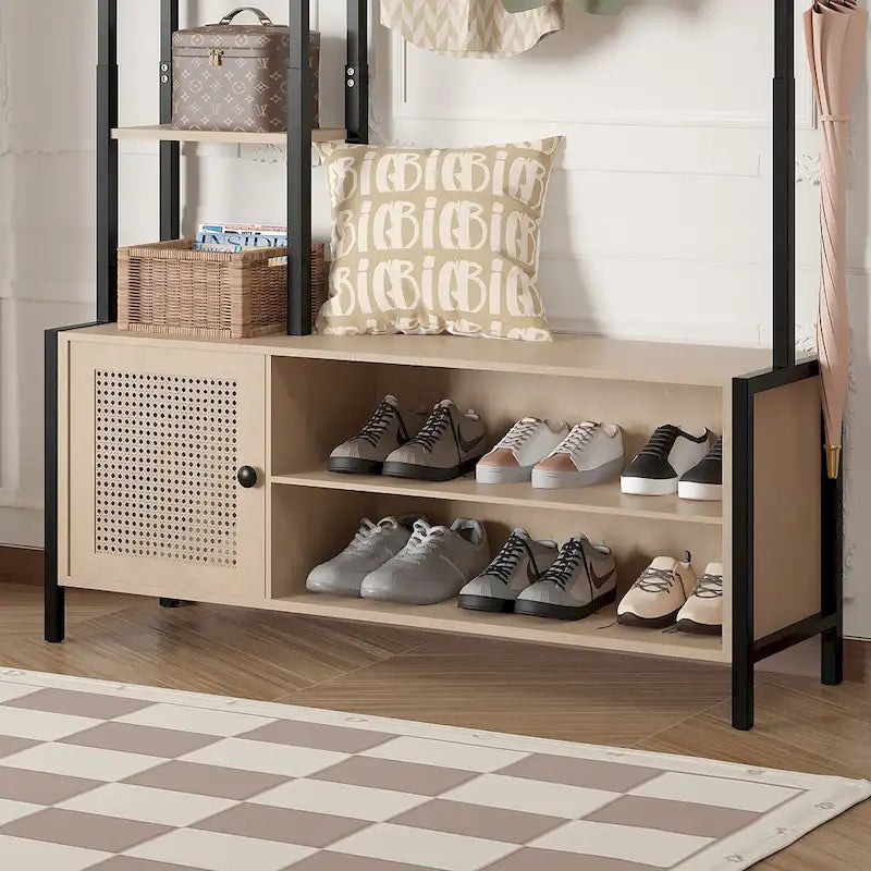 Javlergo Hall Tree do przedpokoju, Wieszak na ubrania z ławką i schowkiem na buty, ławka do przedpokoju 5 w 1 z wieszakiem na ubrania i 9 haczykami
