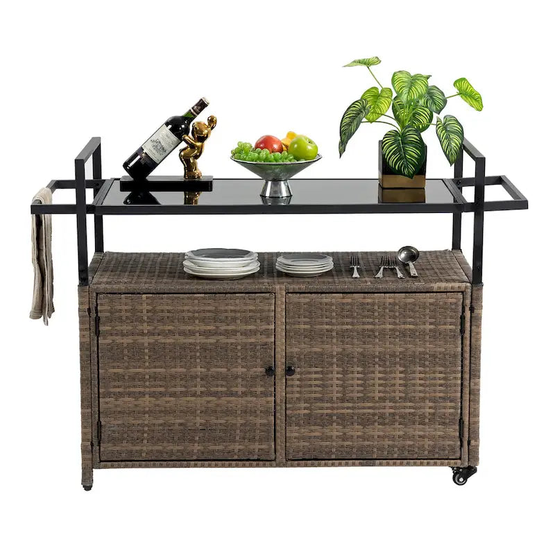 Outdoor Patio Wicker Bar Cart with Storage Cabinet and Glass Top, Rolling Rattan Beverage Bar Table w/360 Wheels & Open Shelve