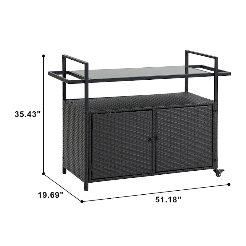 Chariot de bar en osier pour terrasse extérieure avec armoire de rangement et plateau en verre, table de bar à boissons en rotin roulante avec roues à 360° et étagère ouverte