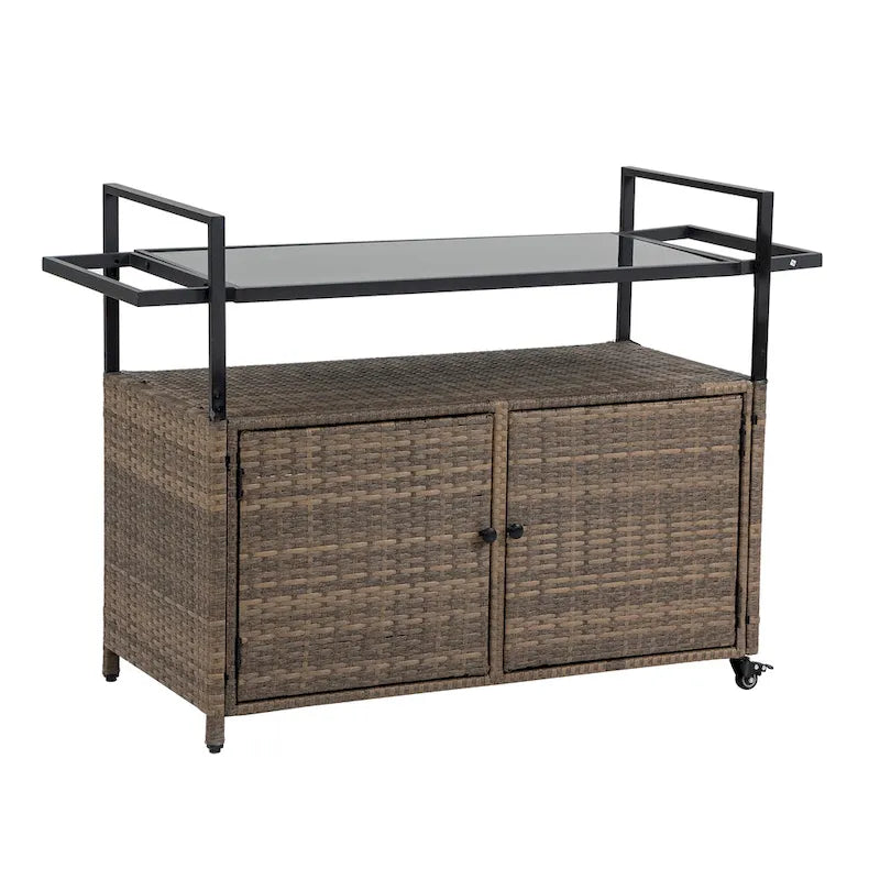Chariot de bar en osier pour terrasse extérieure avec armoire de rangement et plateau en verre, table de bar à boissons en rotin roulante avec roues à 360° et étagère ouverte
