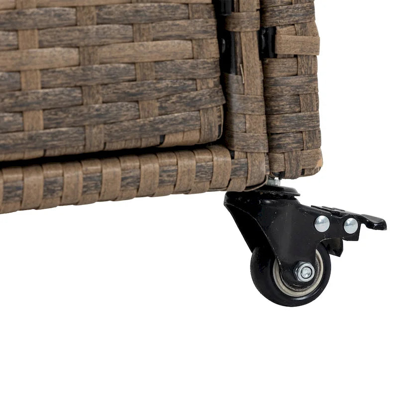 Chariot de bar en osier pour terrasse extérieure avec armoire de rangement et plateau en verre, table de bar à boissons en rotin roulante avec roues à 360° et étagère ouverte