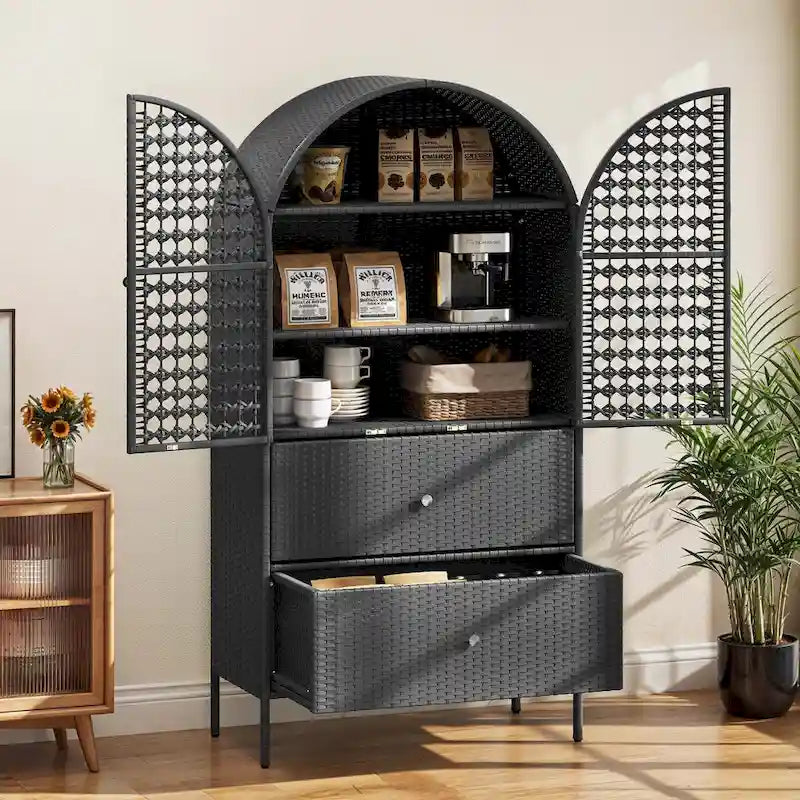 Moasis 65 Armoire de cuisine en osier arqué haute, placard de ferme avec 3 étagères et 2 tiroirs