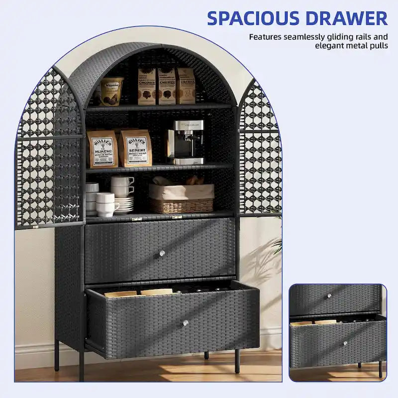 Moasis 65 Armoire de cuisine en osier arqué haute, placard de ferme avec 3 étagères et 2 tiroirs