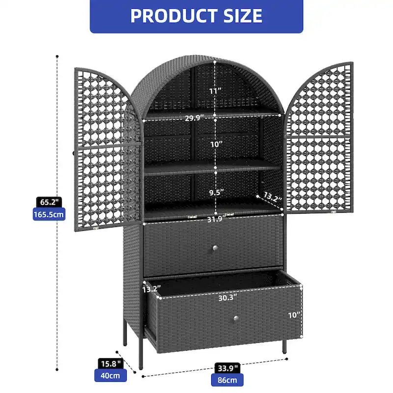 Moasis 65 Armoire de cuisine en osier arqué haute, placard de ferme avec 3 étagères et 2 tiroirs