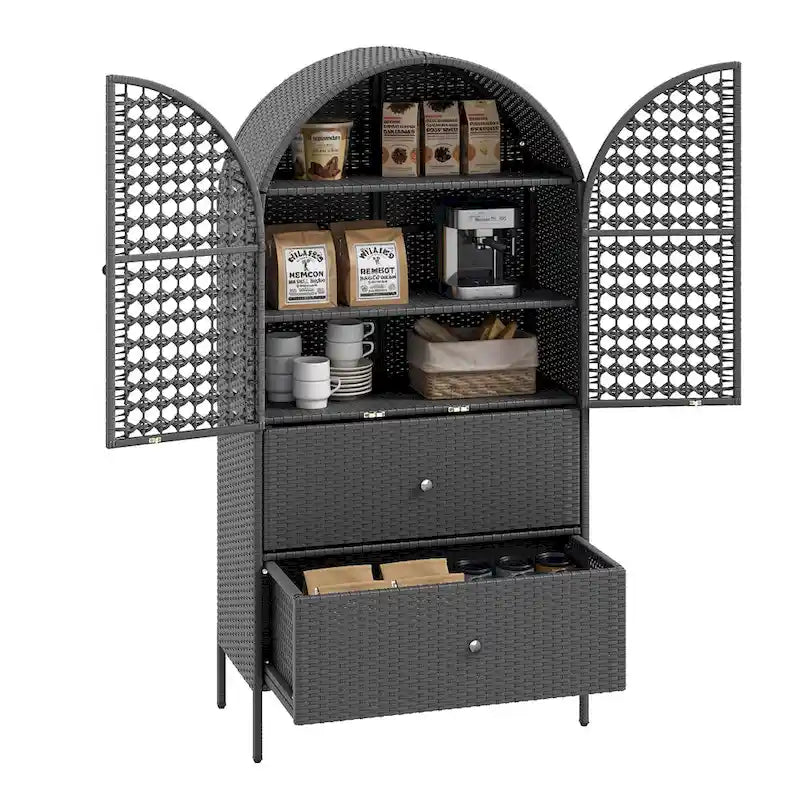 Moasis 65 Armoire de cuisine en osier arqué haute, placard de ferme avec 3 étagères et 2 tiroirs