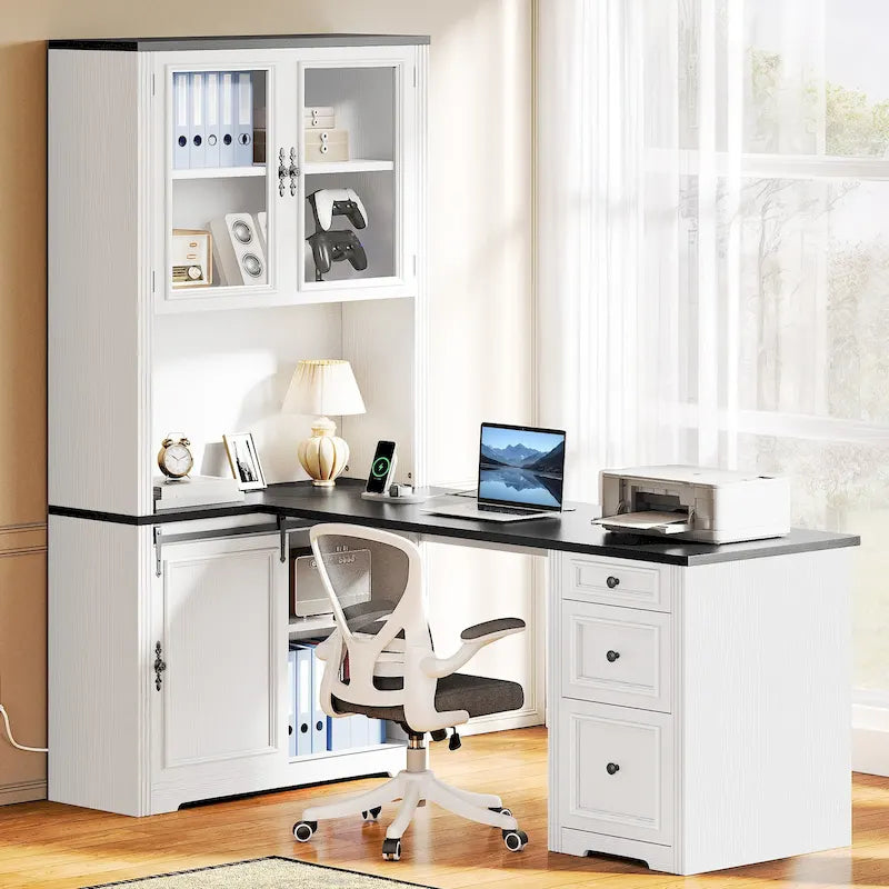 Bureau d'angle avec rangement et tiroirs Moasis Farmhouse pour ordinateur