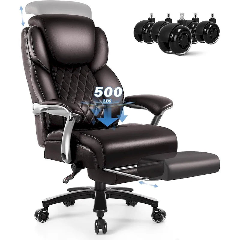 Chaise de bureau BOSSIN Lift-Headrest pour personnes de grande taille 500 lb - Cuir robuste avec repose-pieds rétractable et support lombaire