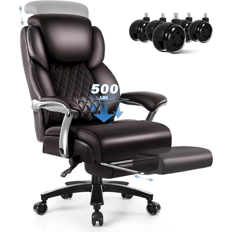 Chaise de bureau BOSSIN Lift-Headrest pour personnes de grande taille 500 lb - Cuir robuste avec repose-pieds rétractable et support lombaire