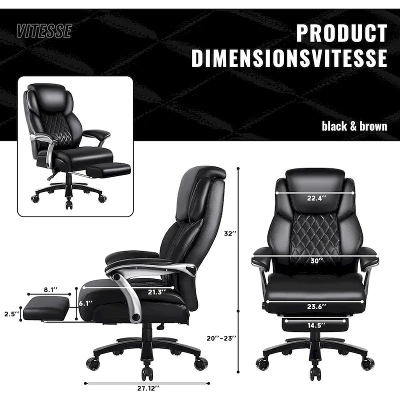 Chaise de bureau BOSSIN Lift-Headrest pour personnes de grande taille 500 lb - Cuir robuste avec repose-pieds rétractable et support lombaire