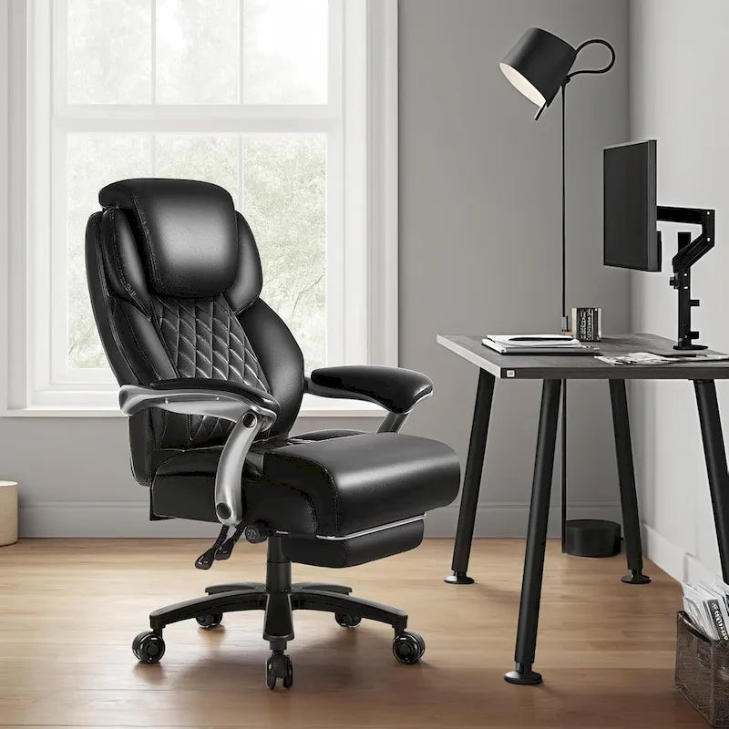 Chaise de bureau BOSSIN Lift-Headrest pour personnes de grande taille 500 lb - Cuir robuste avec repose-pieds rétractable et support lombaire