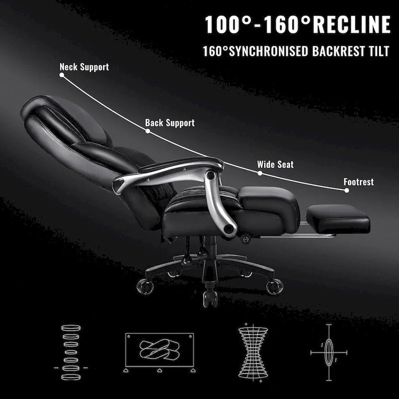 Chaise de bureau BOSSIN Lift-Headrest pour personnes de grande taille 500 lb - Cuir robuste avec repose-pieds rétractable et support lombaire