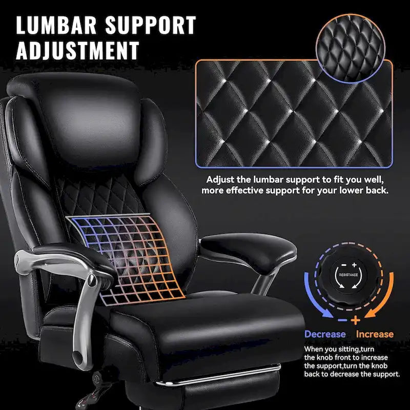 Chaise de bureau BOSSIN Lift-Headrest pour personnes de grande taille 500 lb - Cuir robuste avec repose-pieds rétractable et support lombaire
