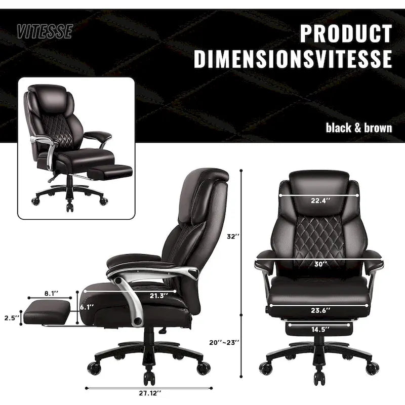 Chaise de bureau BOSSIN Lift-Headrest pour personnes de grande taille 500 lb - Cuir robuste avec repose-pieds rétractable et support lombaire