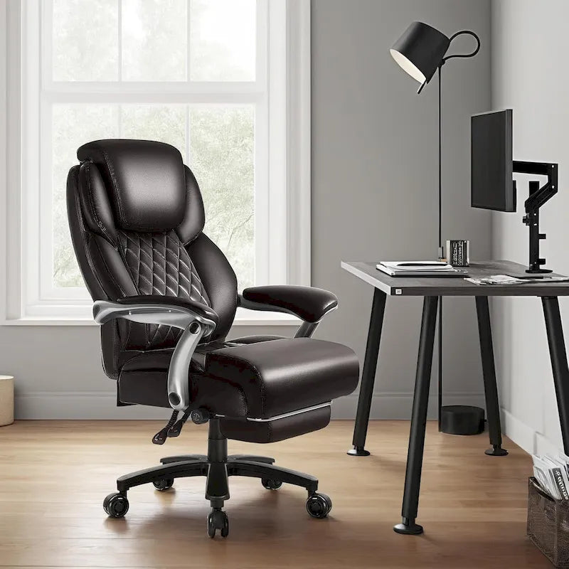 Chaise de bureau BOSSIN Lift-Headrest pour personnes de grande taille 500 lb - Cuir robuste avec repose-pieds rétractable et support lombaire
