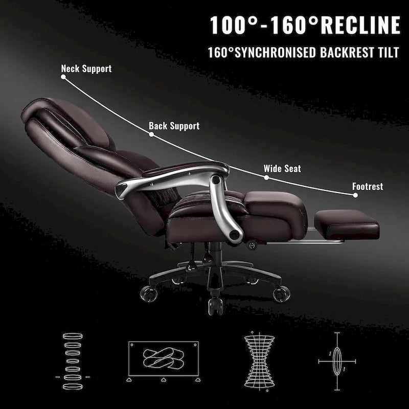 Chaise de bureau BOSSIN Lift-Headrest pour personnes de grande taille 500 lb - Cuir robuste avec repose-pieds rétractable et support lombaire