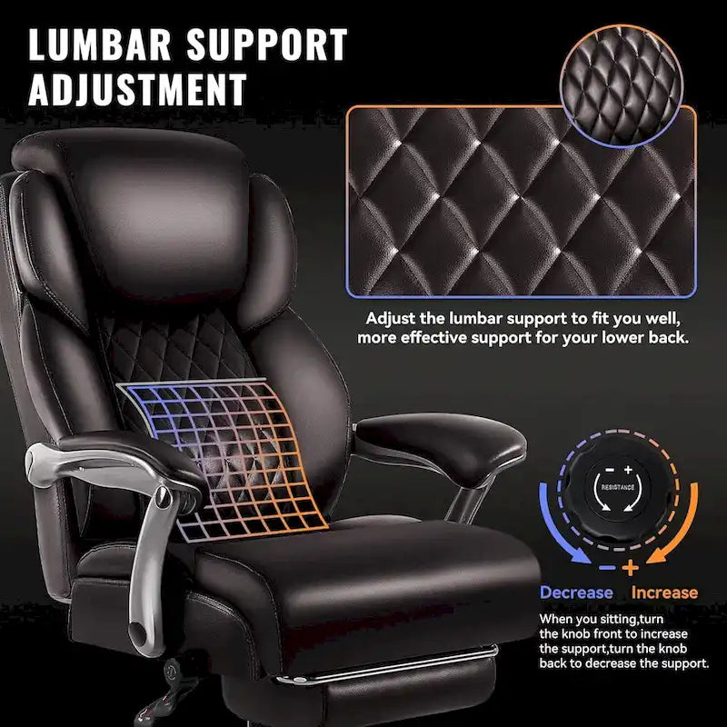Chaise de bureau BOSSIN Lift-Headrest pour personnes de grande taille 500 lb - Cuir robuste avec repose-pieds rétractable et support lombaire