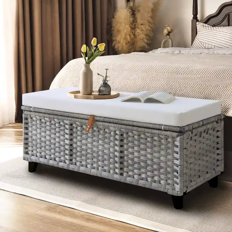 Banc de rangement en osier avec coussin pour chambre à coucher, salon, véranda - 47 H X 110 L X 47 P