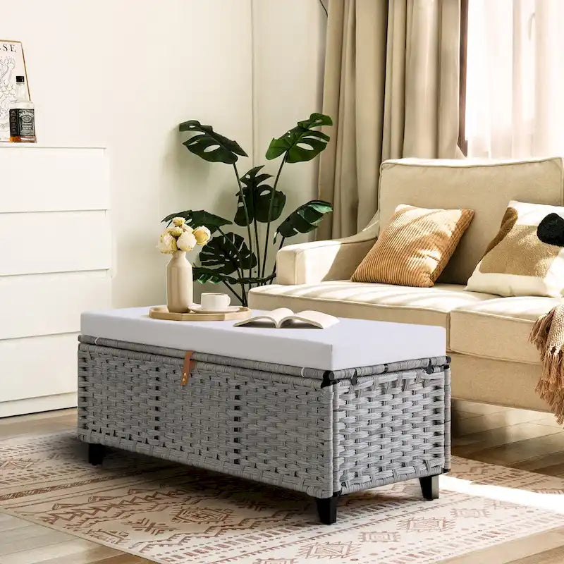 Banc de rangement en osier avec coussin pour chambre à coucher, salon, véranda - 47 H X 110 L X 47 P