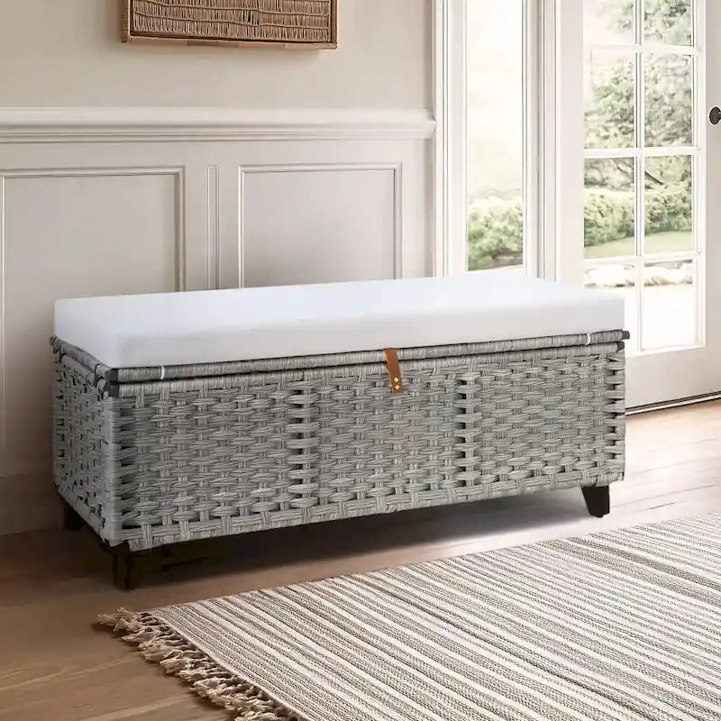 Banc de rangement en osier avec coussin pour chambre à coucher, salon, véranda - 47 H X 110 L X 47 P