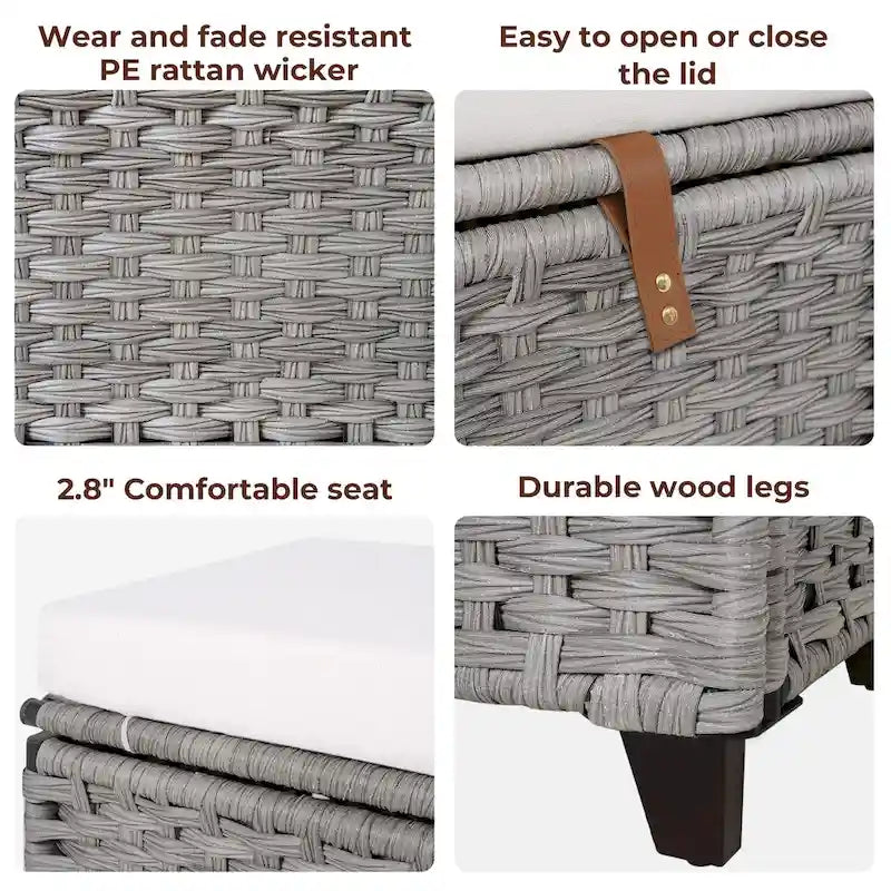 Banc de rangement en osier avec coussin pour chambre à coucher, salon, véranda - 47 H X 110 L X 47 P