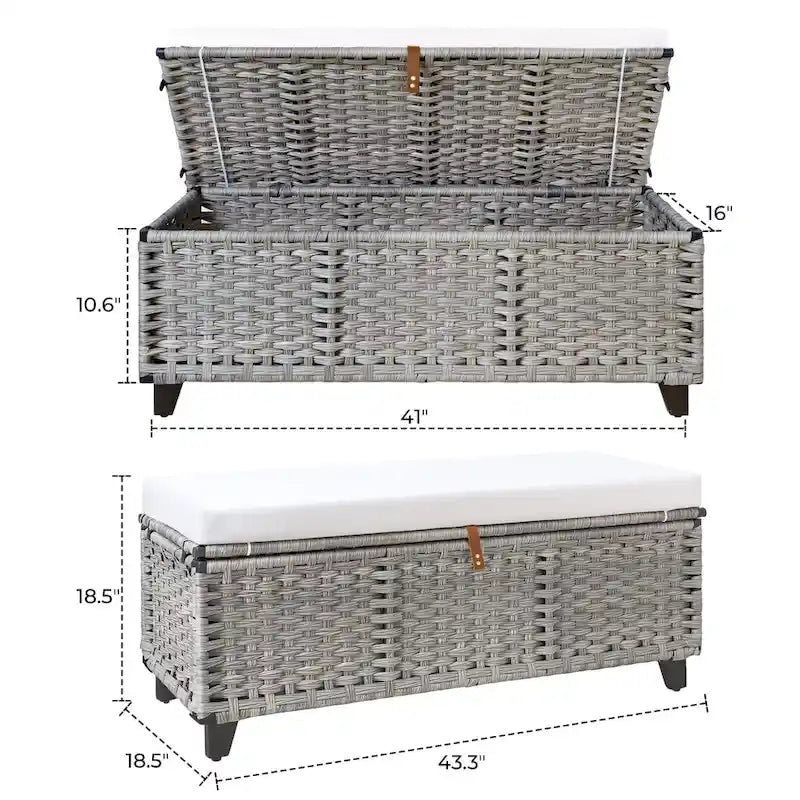 Banc de rangement en osier avec coussin pour chambre à coucher, salon, véranda - 47 H X 110 L X 47 P