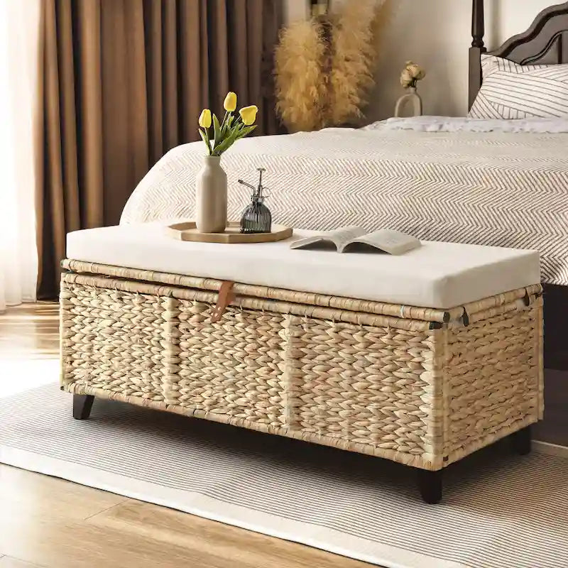 Banc de rangement en osier avec coussin pour chambre à coucher, salon, véranda - 47 H X 110 L X 47 P