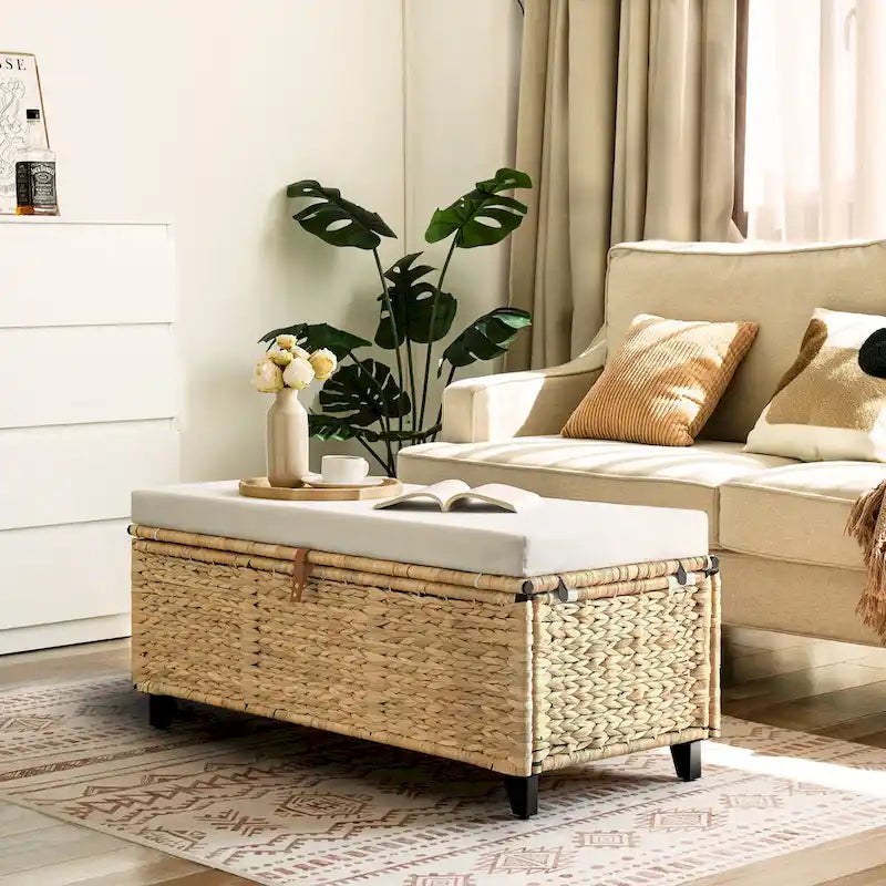 Banc de rangement en osier avec coussin pour chambre à coucher, salon, véranda - 47 H X 110 L X 47 P