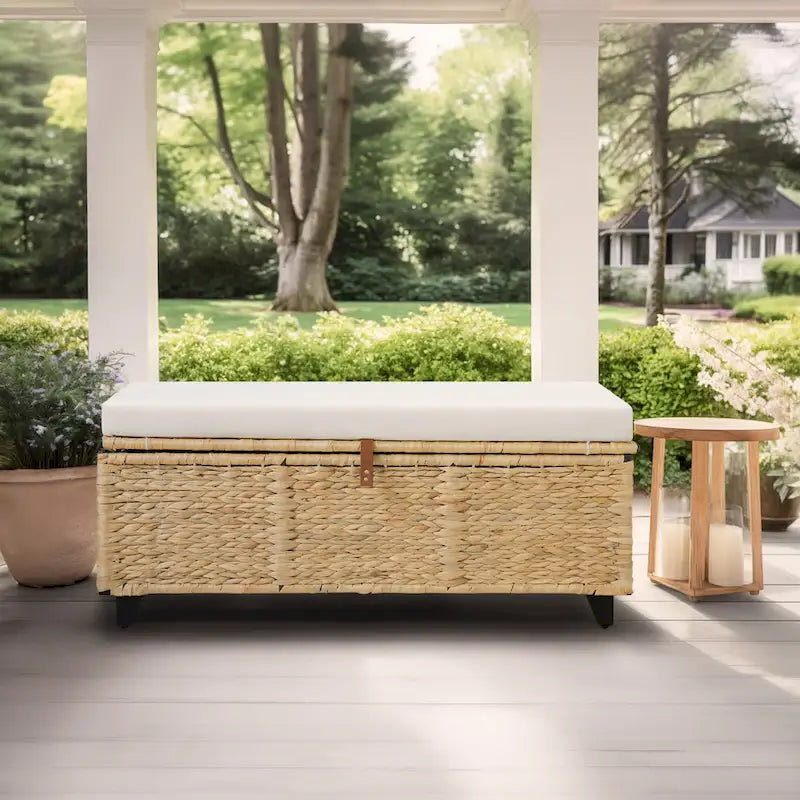 Banc de rangement en osier avec coussin pour chambre à coucher, salon, véranda - 47 H X 110 L X 47 P