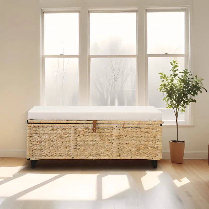 Banc de rangement en osier avec coussin pour chambre à coucher, salon, véranda - 47 H X 110 L X 47 P