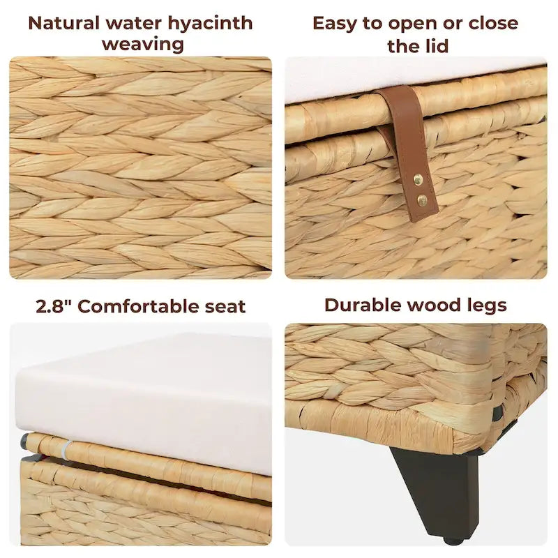 Banc de rangement en osier avec coussin pour chambre à coucher, salon, véranda - 47 H X 110 L X 47 P