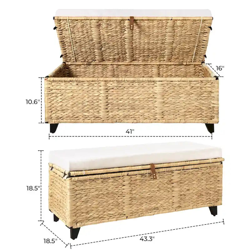 Banc de rangement en osier avec coussin pour chambre à coucher, salon, véranda - 47 H X 110 L X 47 P