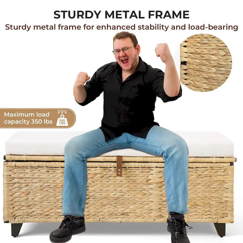 Banc de rangement en osier avec coussin pour chambre à coucher, salon, véranda - 47 H X 110 L X 47 P
