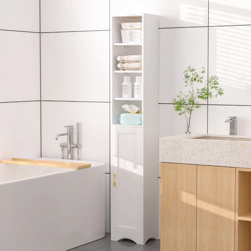 VECELO Armoire de salle de bain étroite de 180 cm de haut, en bois massif, 8 étagères, meuble de rangement autonome