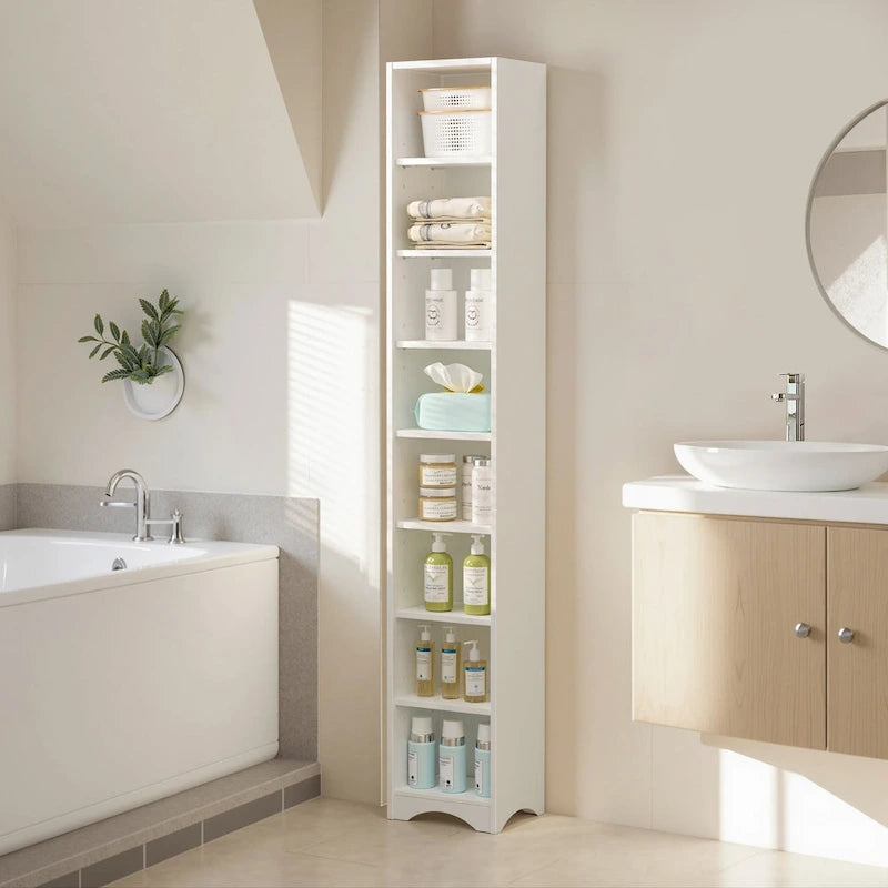 VECELO Armoire de salle de bain étroite de 180 cm de haut, en bois massif, 8 étagères, meuble de rangement autonome