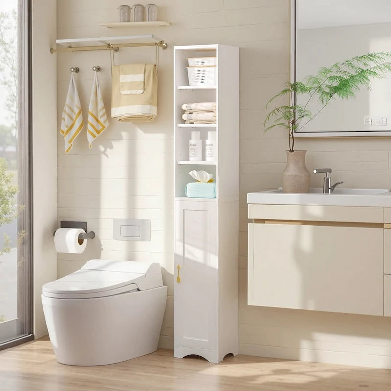 VECELO Armoire de salle de bain étroite de 180 cm de haut, en bois massif, 8 étagères, meuble de rangement autonome
