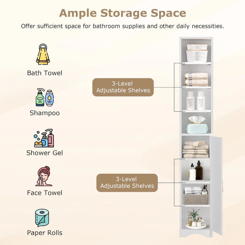 VECELO Armoire de salle de bain étroite de 180 cm de haut, en bois massif, 8 étagères, meuble de rangement autonome