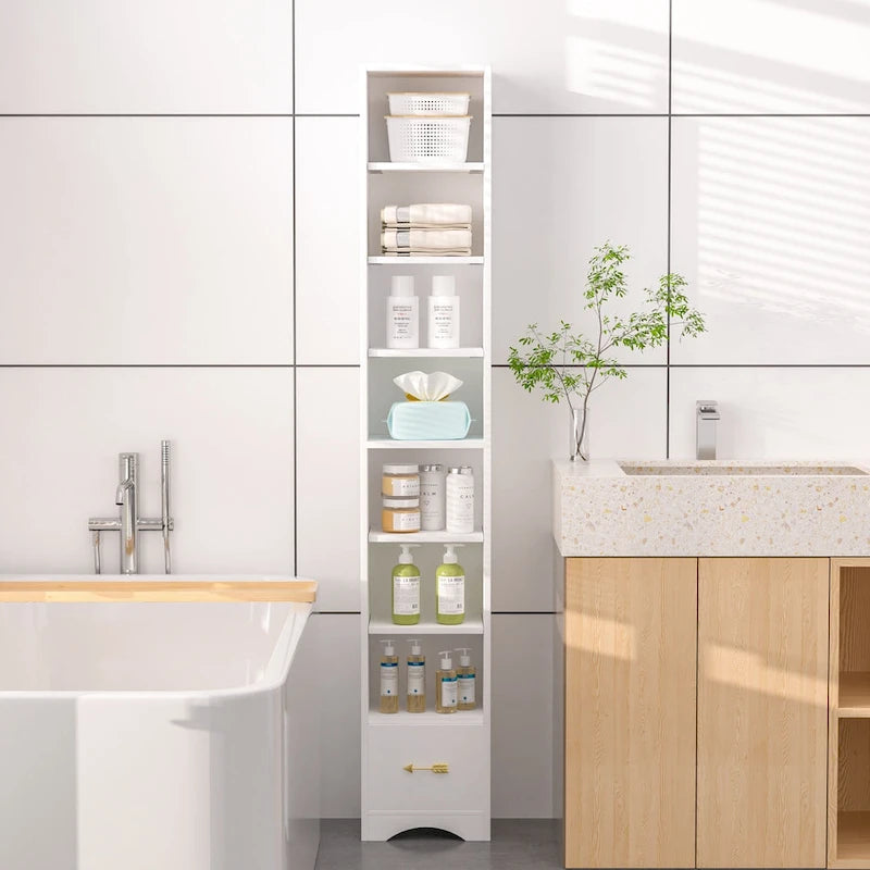 VECELO Armoire de salle de bain étroite de 180 cm de haut, en bois massif, 8 étagères, meuble de rangement autonome