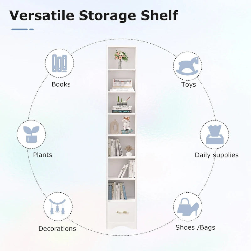 VECELO Armoire de salle de bain étroite de 180 cm de haut, en bois massif, 8 étagères, meuble de rangement autonome