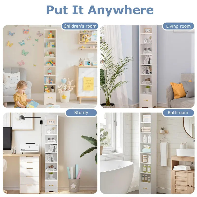 VECELO Armoire de salle de bain étroite de 180 cm de haut, en bois massif, 8 étagères, meuble de rangement autonome