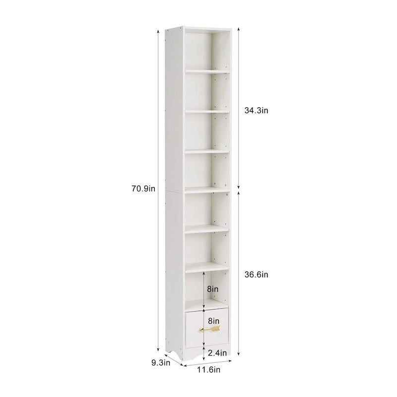 VECELO Armoire de salle de bain étroite de 180 cm de haut, en bois massif, 8 étagères, meuble de rangement autonome