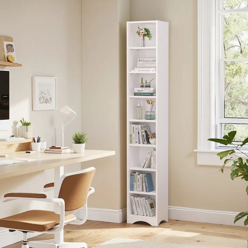 VECELO Armoire de salle de bain étroite de 180 cm de haut, en bois massif, 8 étagères, meuble de rangement autonome