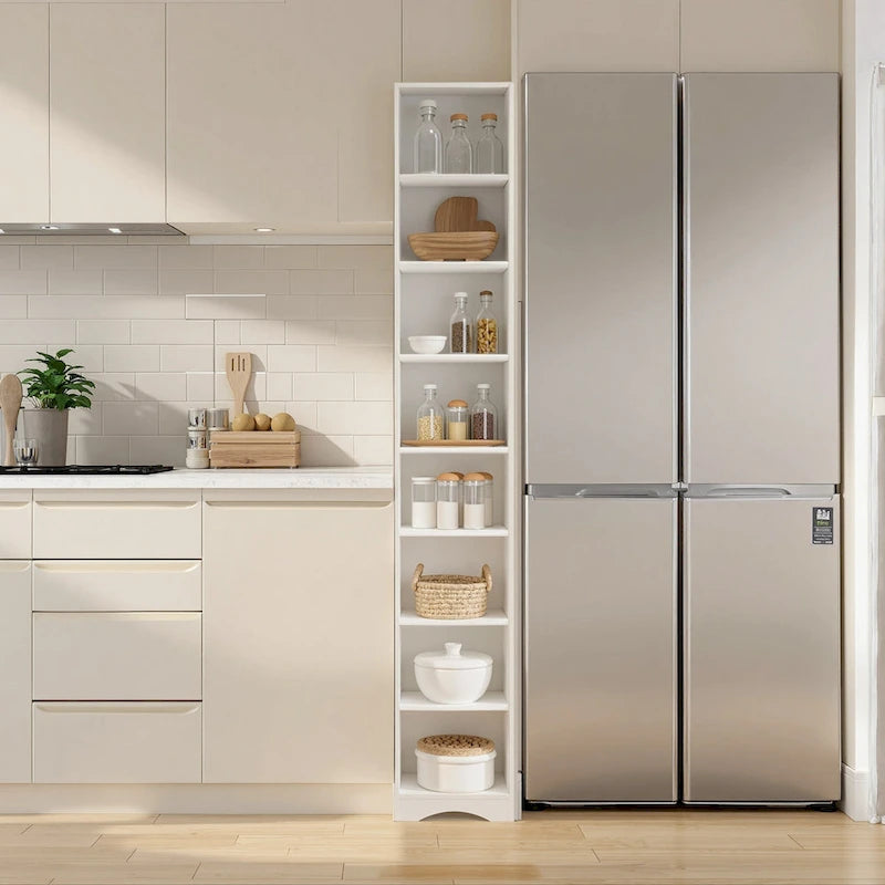 VECELO Armoire de salle de bain étroite de 180 cm de haut, en bois massif, 8 étagères, meuble de rangement autonome