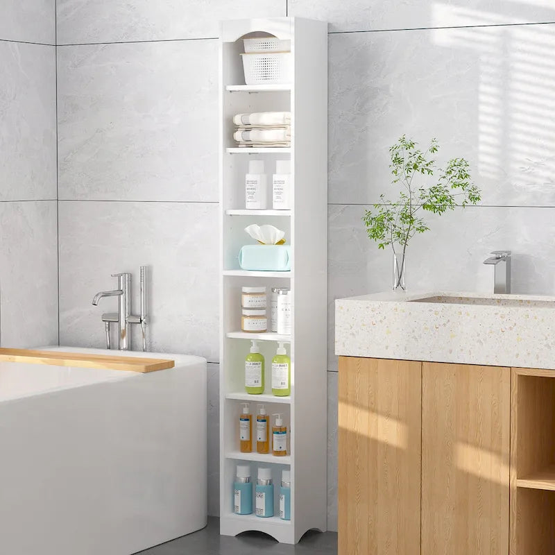 VECELO Armoire de salle de bain étroite de 180 cm de haut, en bois massif, 8 étagères, meuble de rangement autonome