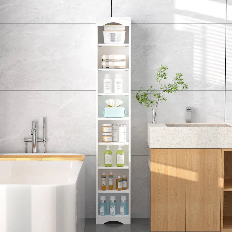 VECELO Armoire de salle de bain étroite de 180 cm de haut, en bois massif, 8 étagères, meuble de rangement autonome