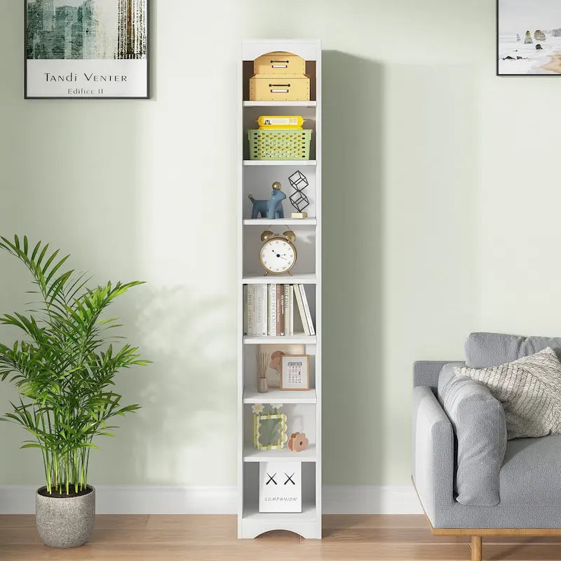 VECELO Armoire de salle de bain étroite de 180 cm de haut, en bois massif, 8 étagères, meuble de rangement autonome