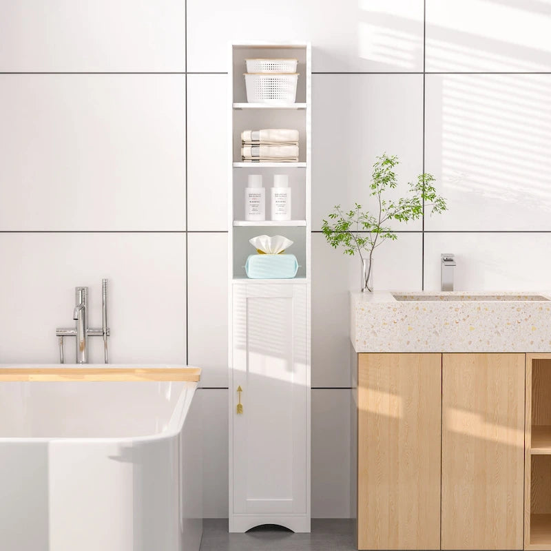 VECELO Armoire de salle de bain étroite de 180 cm de haut, en bois massif, 8 étagères, meuble de rangement autonome