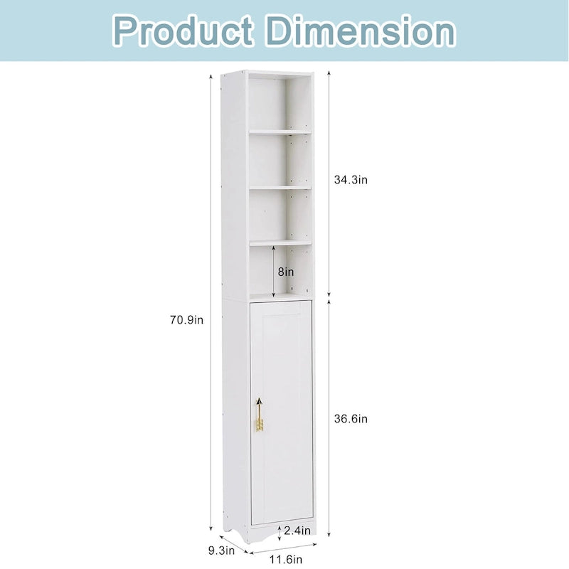 VECELO Armoire de salle de bain étroite de 180 cm de haut, en bois massif, 8 étagères, meuble de rangement autonome