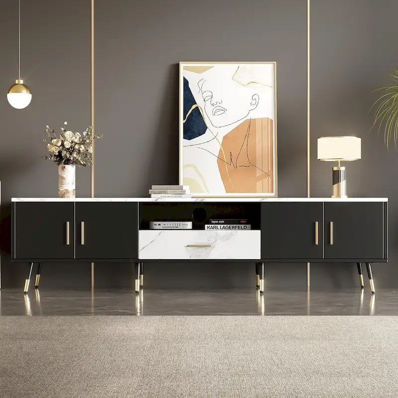 Meuble TV moderne avec 2 armoires et compartiments ouverts, console de télévision pour salon, chambre à coucher
